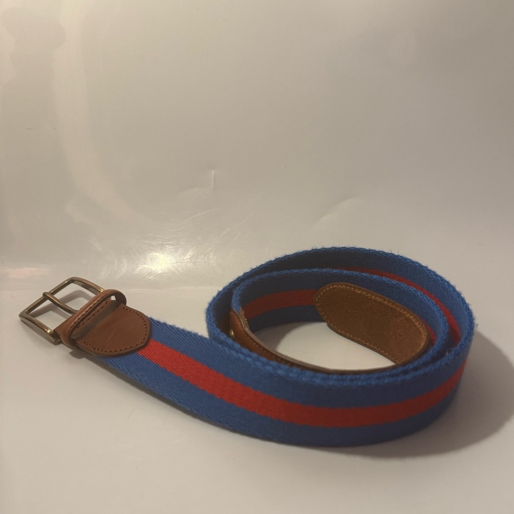 Brooks Brothers Men’s Leather Tab Blue Red Stripe Belt